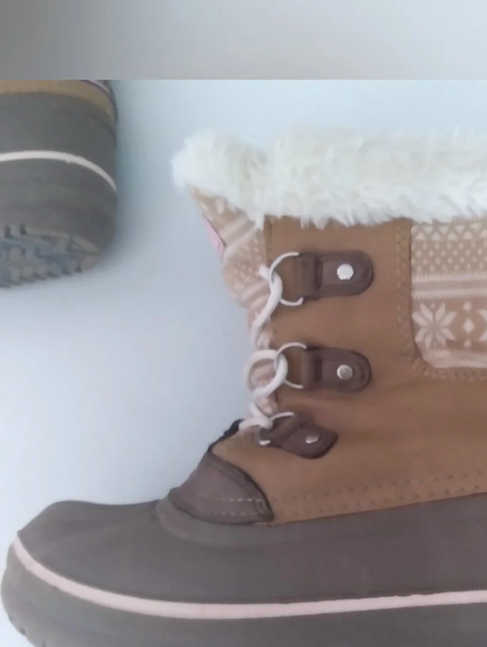London Fog Brown and Pink Faux-Fur Winter Lace-Up Boots